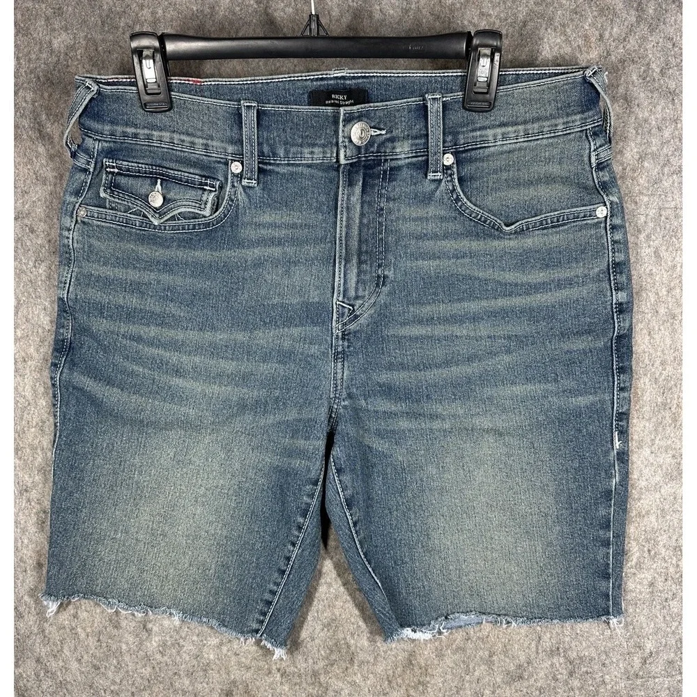True Religion Ricky Flap Shorts 34 Relaxed Straight Denim Raw Hem